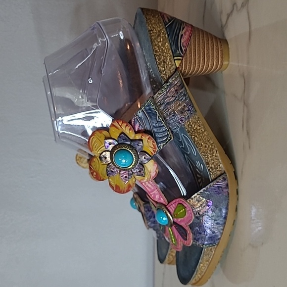 Spring Step L'Artiste Leather Colorful Floral Embossed Slip-on Sandals 9 Boho - Picture 2 of 16